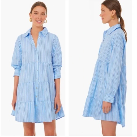 Pomander Place Dresses & Skirts - Pomander Place Tuckernuck Cara Mini Shirt Dress Size L Light Blue Striped Cotton